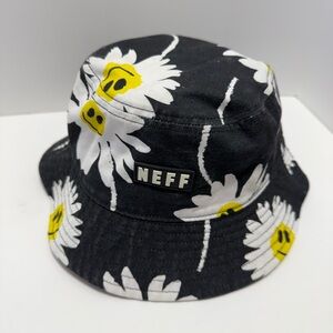 Neff Dazey Bucket Hat Featuring A Daisy Pattern With Smiley Faces Black Fabric